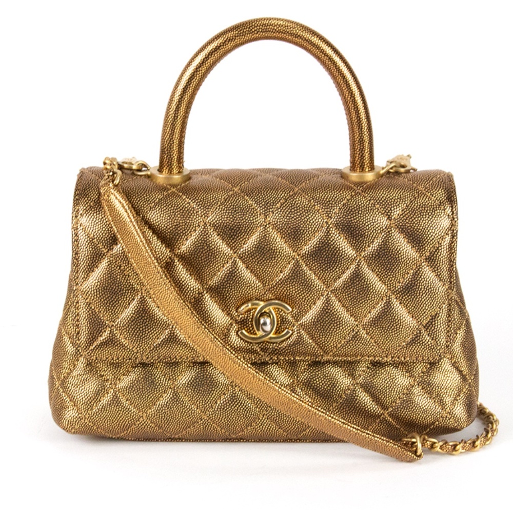 Chanel Coco Top Handle Flap Bag Gold Caviar